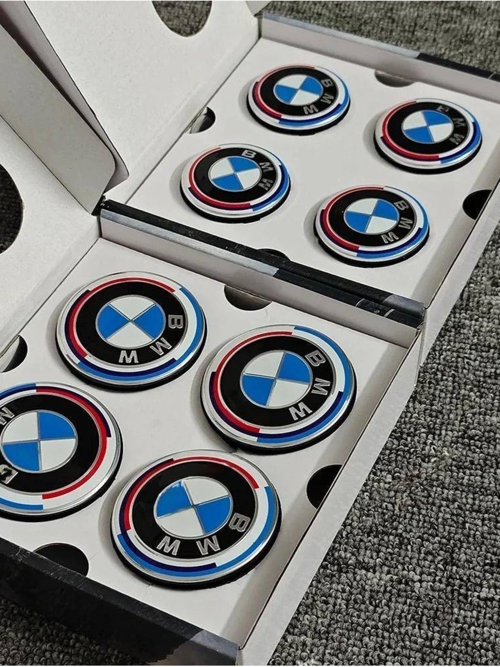 BMW Floating Center Caps Black, Blue & White with Red Accent
